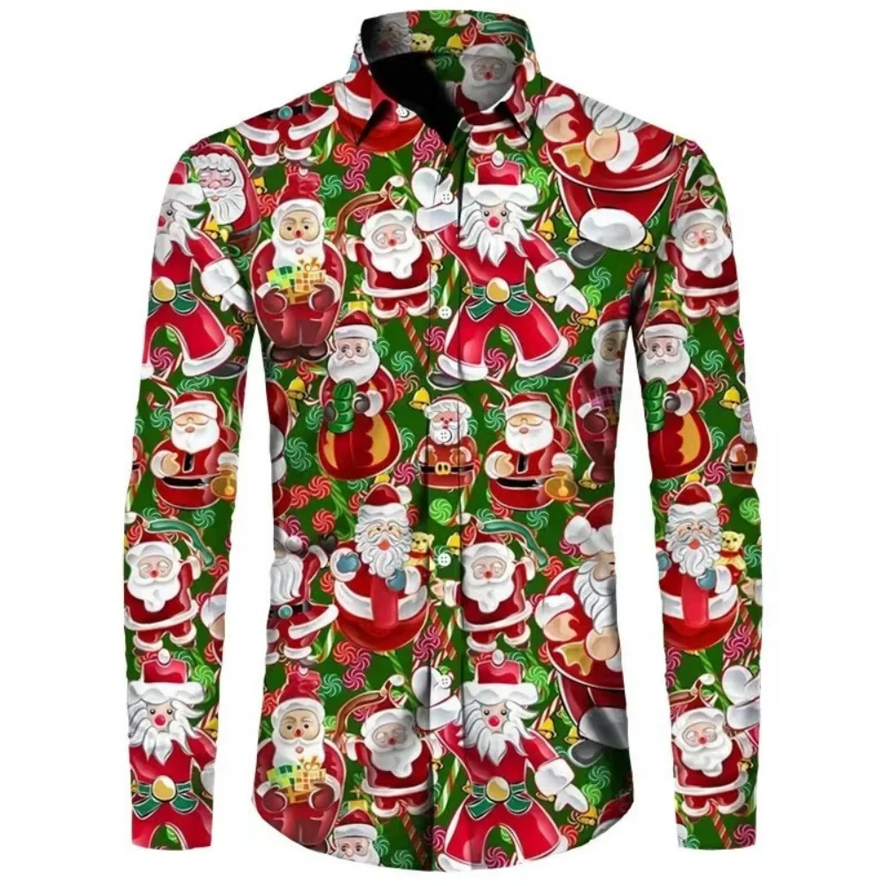 Cartoon Santa 3D Christmas Print Men's Long Sleeve Shirt Fashion Men's Shirt Casual Plus Size Snowman Holiday Party Shirt Top