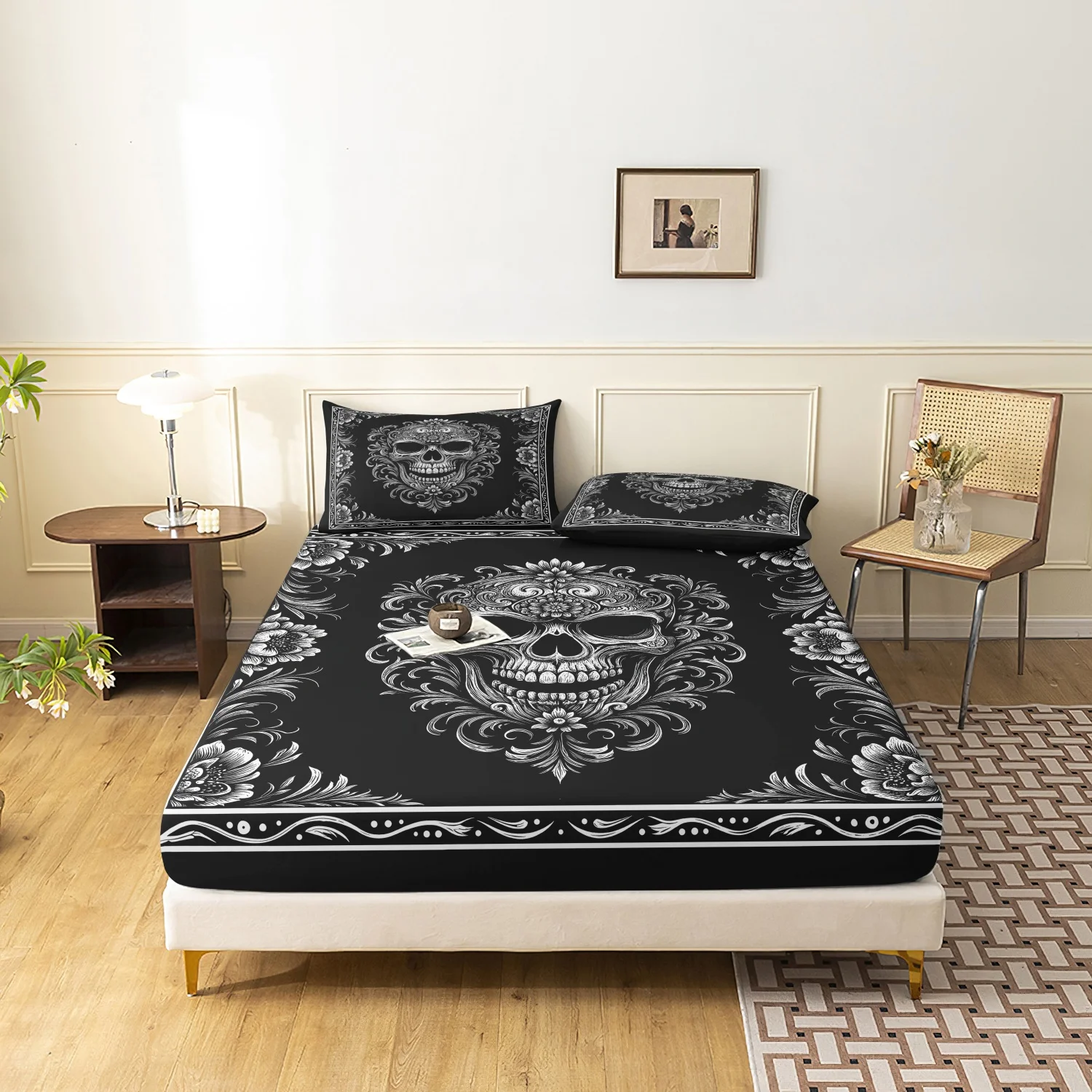 3 Pieces White Floral Skull Print Fitted Sheet Set, Vintage Ornate Flower Gothic Skeleton Border Print Bedding