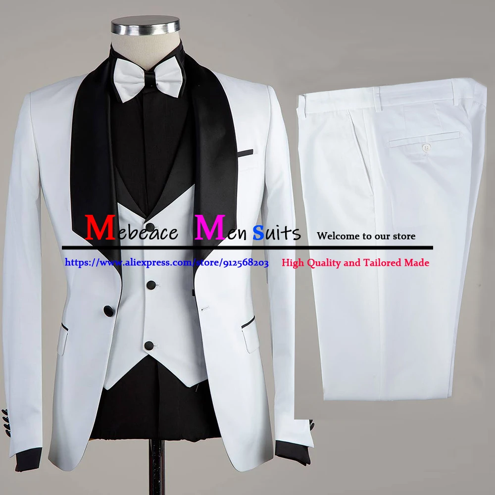 

Black Lapel White Suit Men 3 Pieces Custom Made Groom Wedding Suit Tuxedo Fashion Formal Party Business Blazer Vest Pants Set