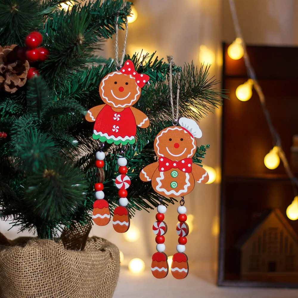 1/2pcs Christmas Tree Pendant Wooden Ornaments Pendant Festival Supplies Gingerbread Man Pendant Decorations Accessories