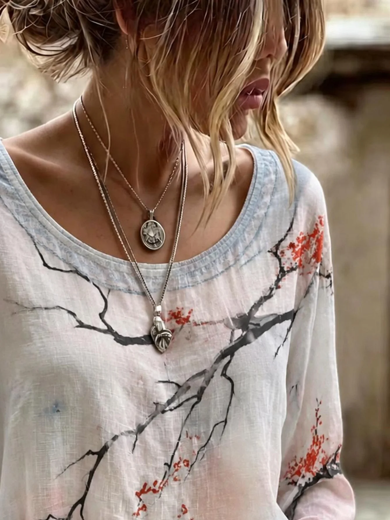 Women Plus Size Blouse 3D Cherry Blossom Print Long Sleeve Loose Fit Boho Tunic Top