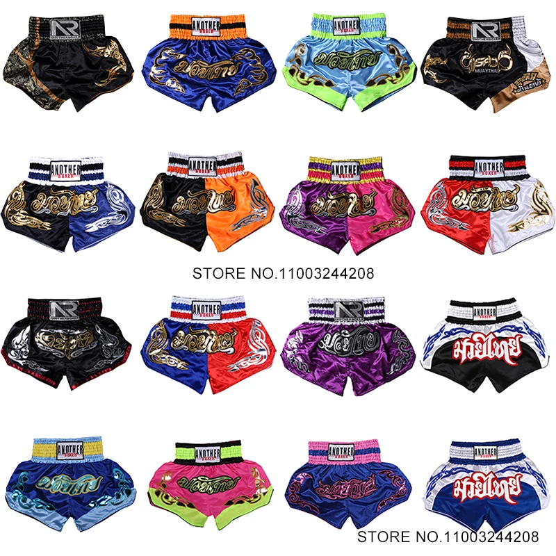 Muay Thai Shorts Embroidery Satin Boxing Shorts Womens Mens Kids Martial Arts MMA Cage Fight Training Grappling Kickboxing Pants