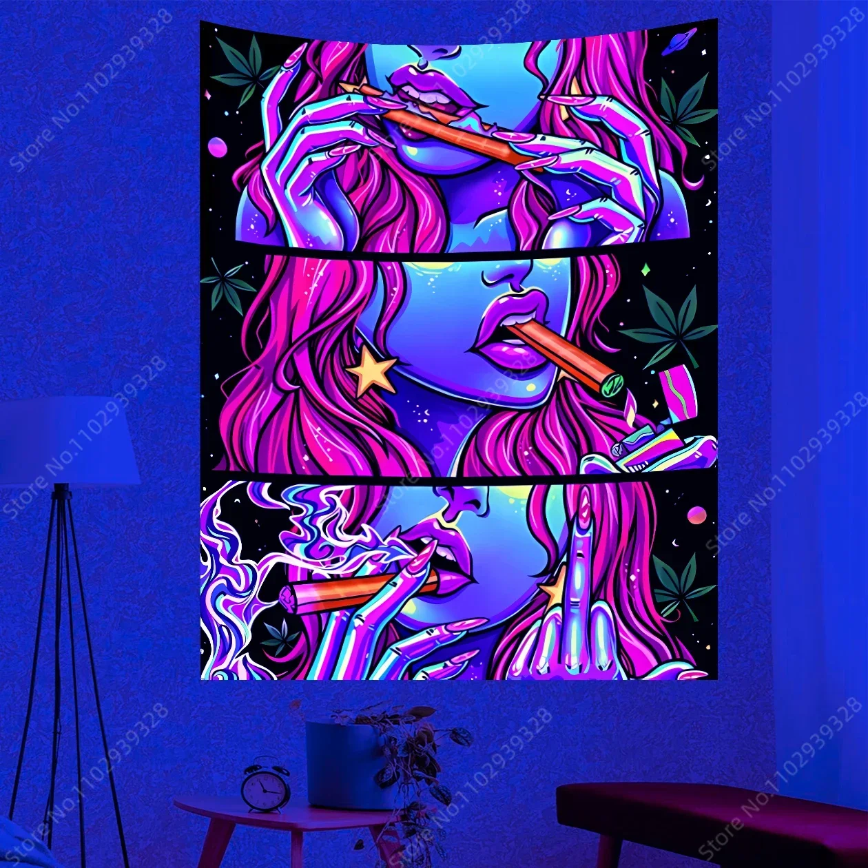 Cool Smoking Girl UV Reactive Tapestry Hippie Psychedelic Tapestries Art Aesthetic Kawaii Wall Hanging Bedroom Decor Party Decor