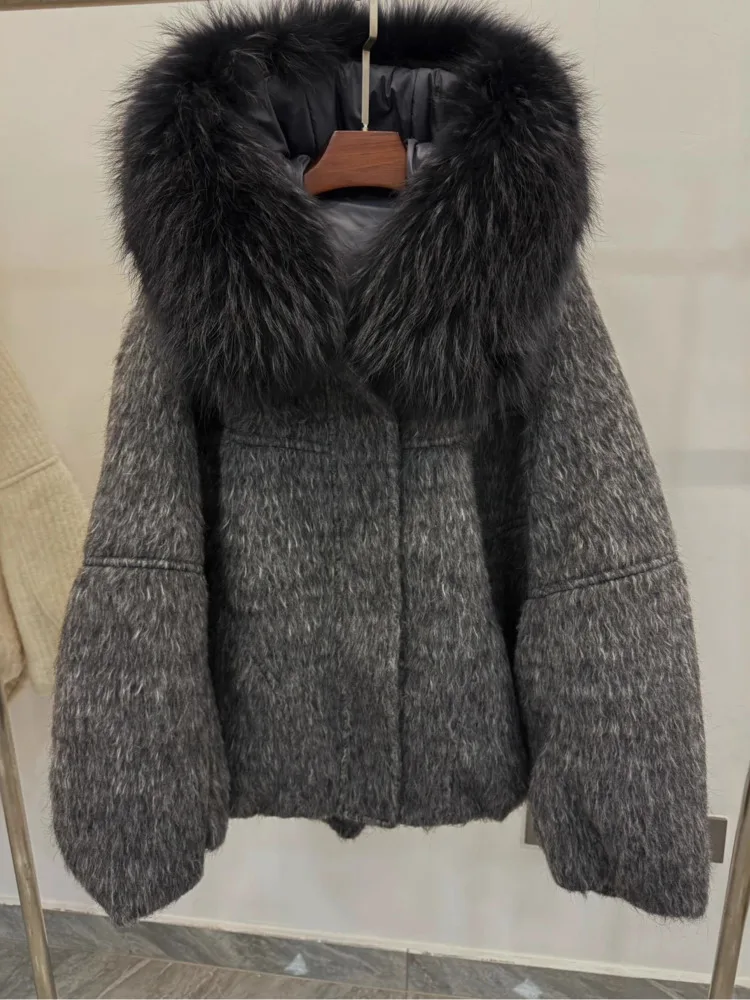 ZMEENNA المرأة مزيج الصوف معطف قصير المتضخم الفراء طوق المحاصيل سترة كاملة الأكمام الدافئة الفاخرة موضة ملابس خارجية ZM4590