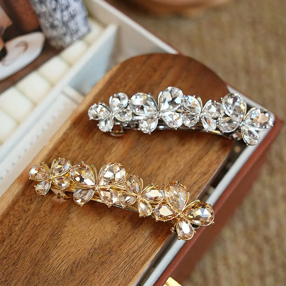 Korean Style Butterfly Spring Hair Clip Exquisite Rhinestone Barrette For Women Shiny Metal Hair Accessory For Ponytail Holder