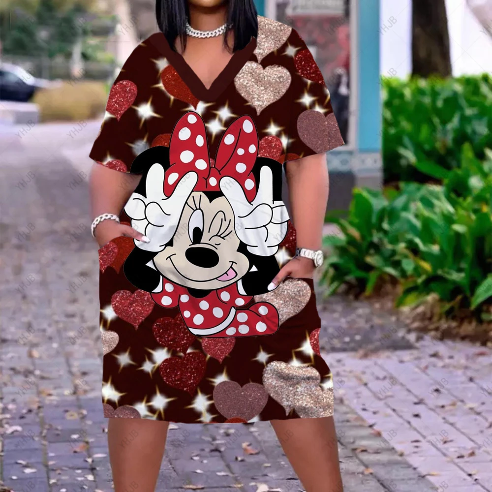 Nieuwe Disney Minnie 3D Print Vrouwen Kleding Mode V-hals Jurken Losse Jurk Knie Meisjes Causale Mode Stijl Vrouwelijke Kleding