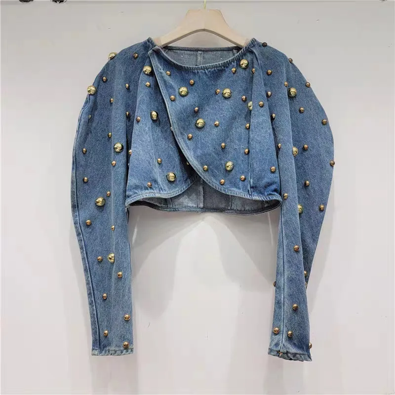 

New Arrival Autumn Women's Short Denim Top with Stylish Design, Heavy-duty Studded Rivets and Puff Sleeves
