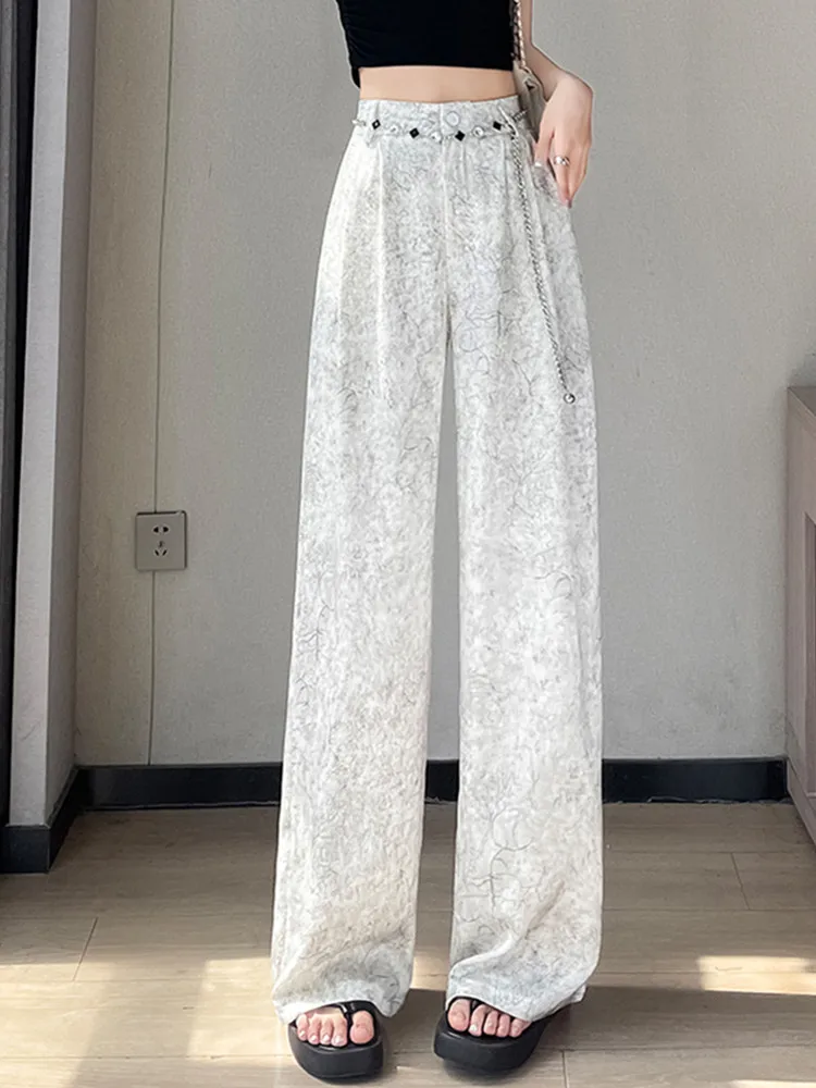 

Jacquard Satin Wide Leg Pants For Women's Summer Slim New Chinese Style High Waisted Draped Ice Silk Casual Straight Pants