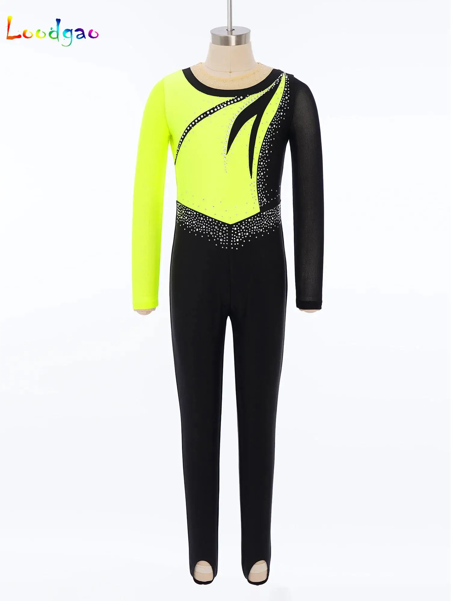 

Kids Girls Shiny Rhinestones Color Block Dance Jumpsuit Figure Skating Gymnastics Performance Costume Full Body Unitard Bodysuit