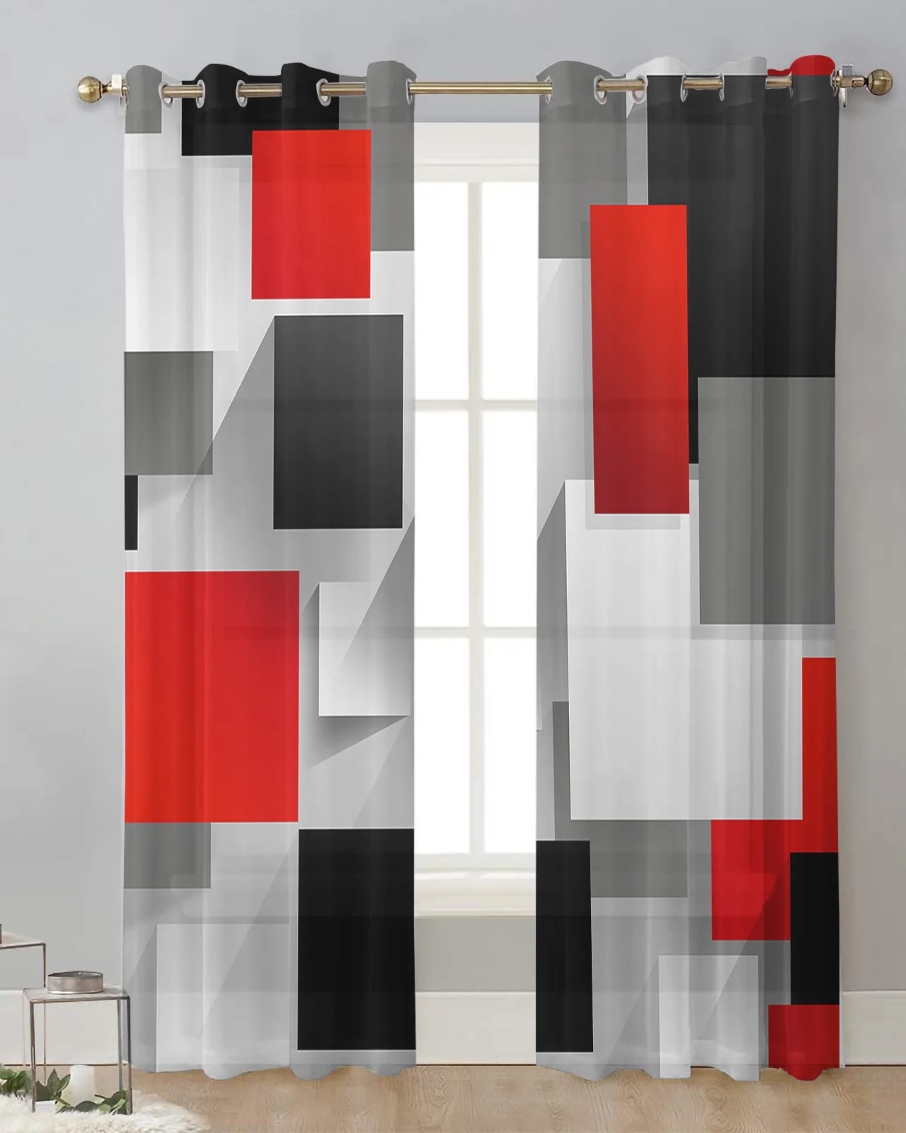 

Geometric Figures Red Black Grey Abstract Tulle Drapes Living Room Sheer Window Curtains Kitchen Balcony Modern Voile Curtains