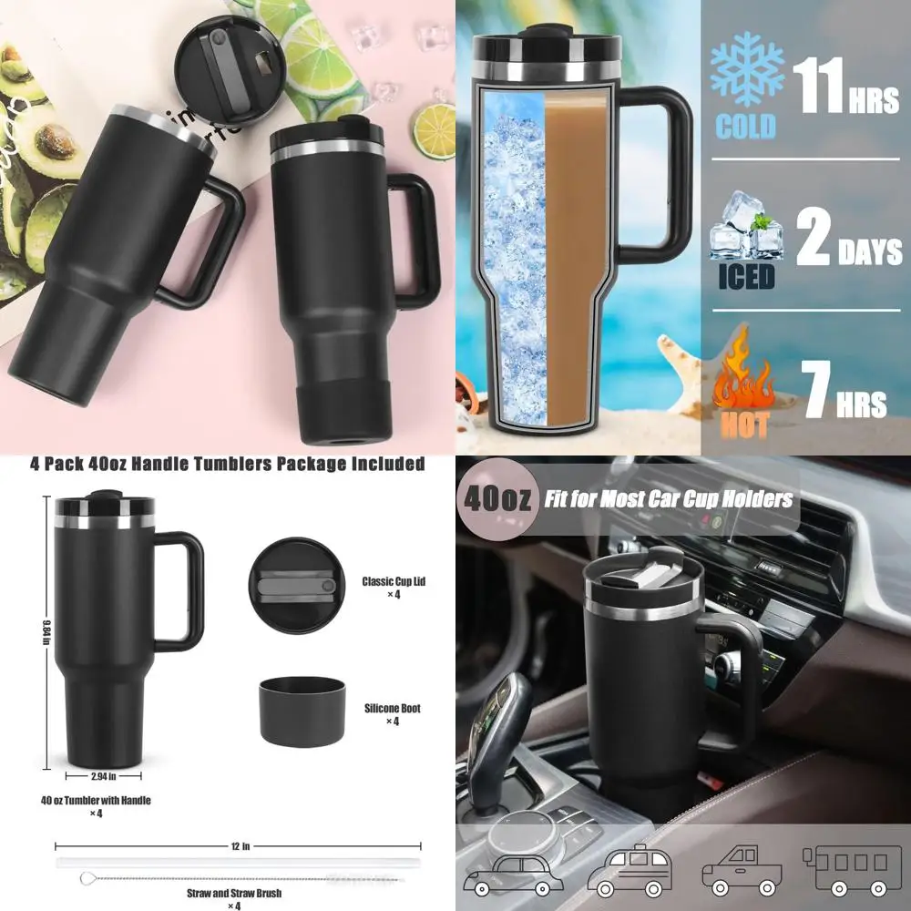 

Double-Walled Insulated Stainless Steel Travel Mug with Handle, Straw Lid, and Silicone Spill-Proof Stopper (Black)