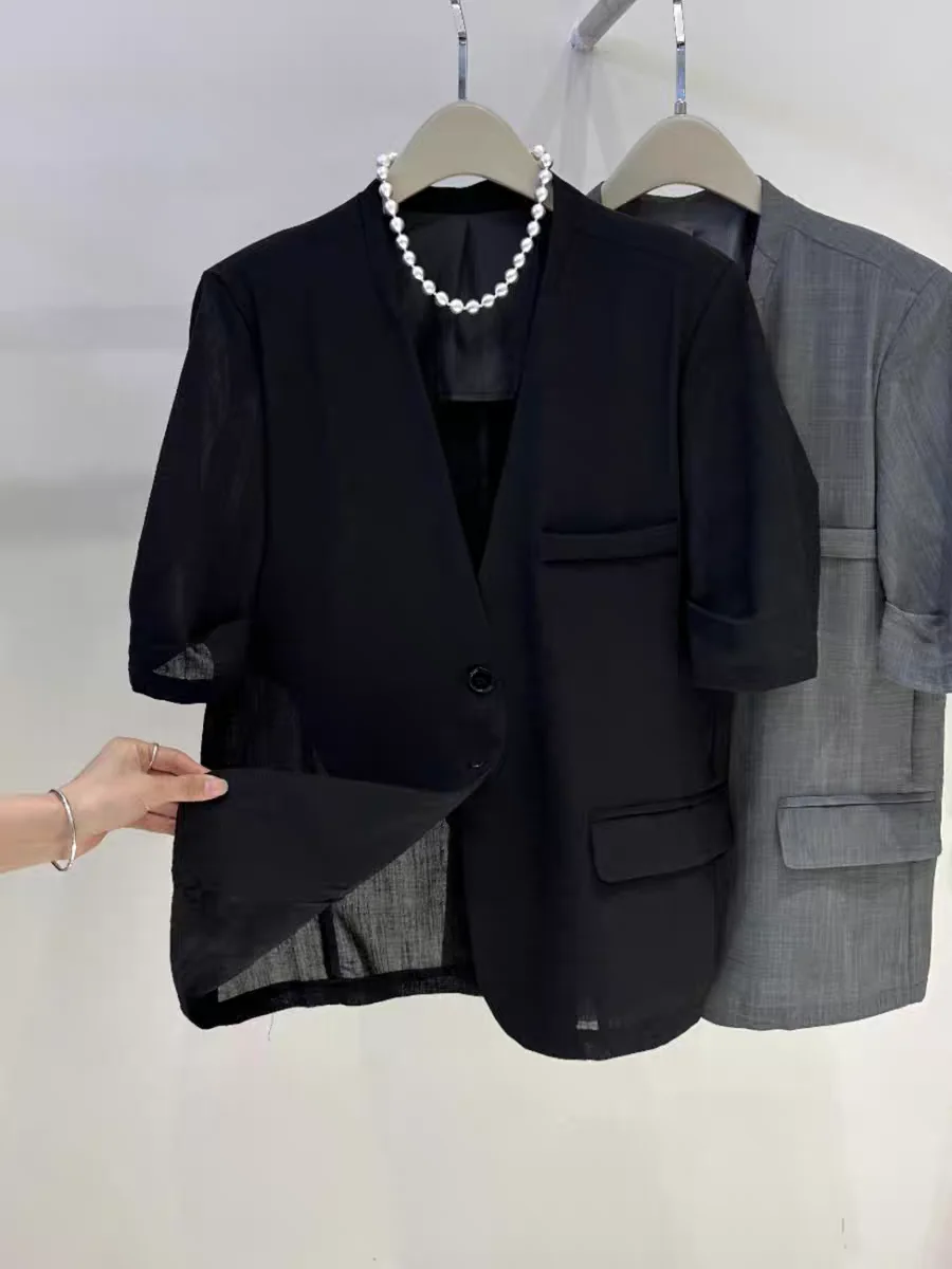 Slimming V-Ne Wide-Sle ort-Sve Suit Jaet Faionable Outerwear Commute Sle Polyester Casual Regular Length