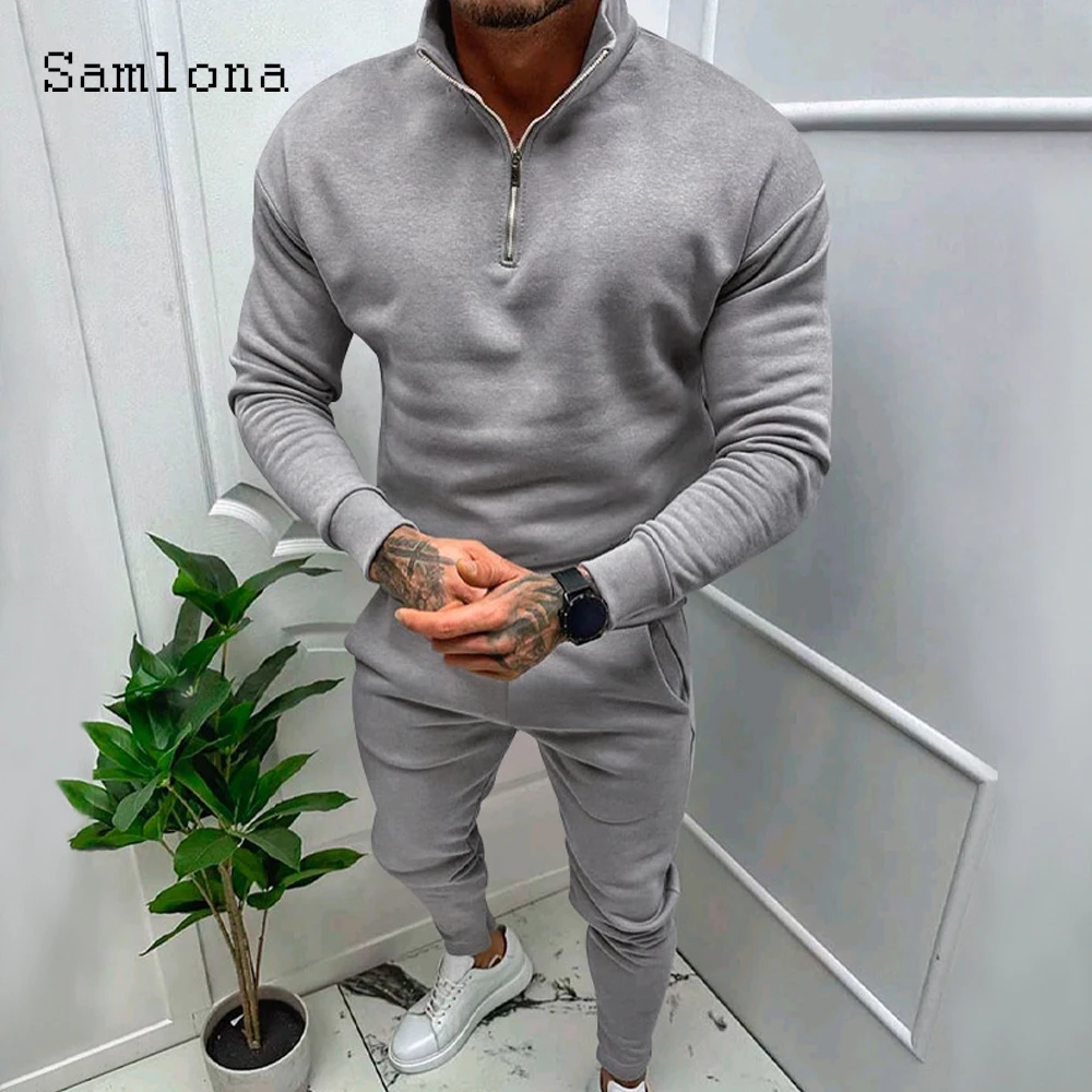 Plus Size Mens Casual Two Piece Sets 2023 Autumn Winter Fashion Zipper Sweatshirt and Solid Khaki Sweatpants Male Tracksuits Set