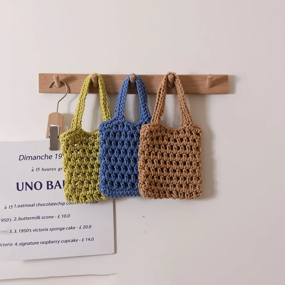 Cute Handheld Cotton Thread Woven Bag New Versatile Solid Color Hollow Grass Woven Bag Handheld Mesh Women\'s Bag