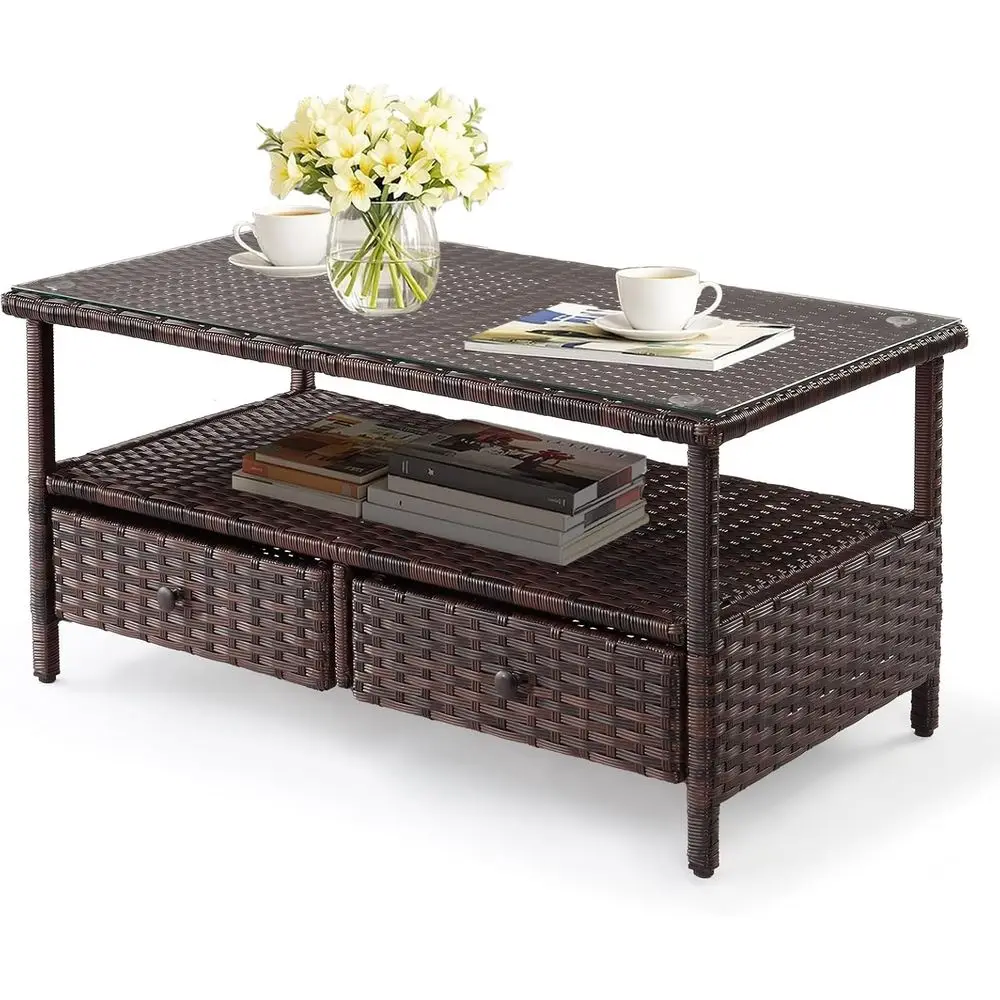 

Wicker Coffee Table Set with 2 Chairs and Tempered Glass Top for Outdoor Patio, Balcony, Deck