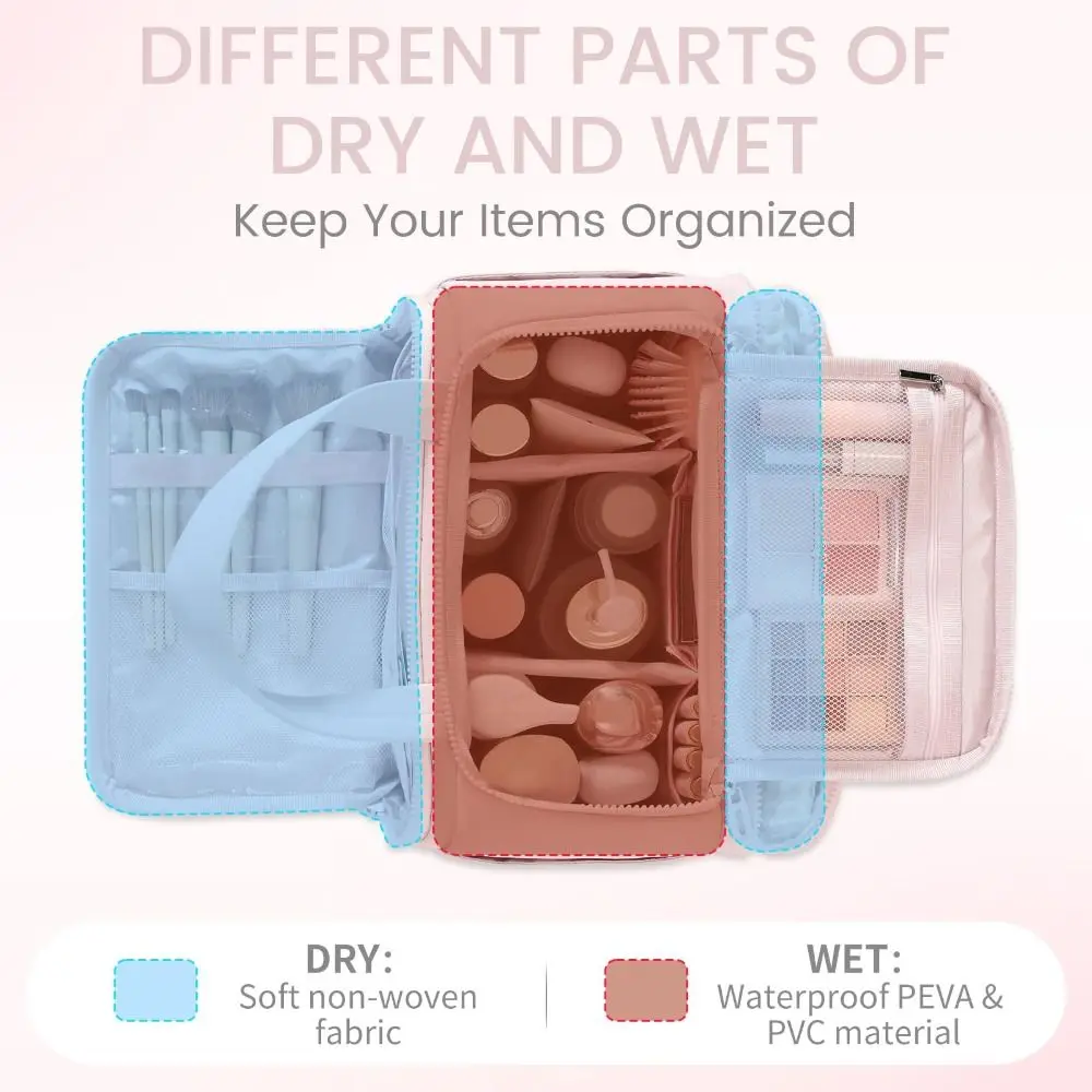 Large Capacity Travel Toiletry Bag Dry-wet Separation Adjustable Dividers Cosmetic Bag Mesh Pocket Multi-Compartments