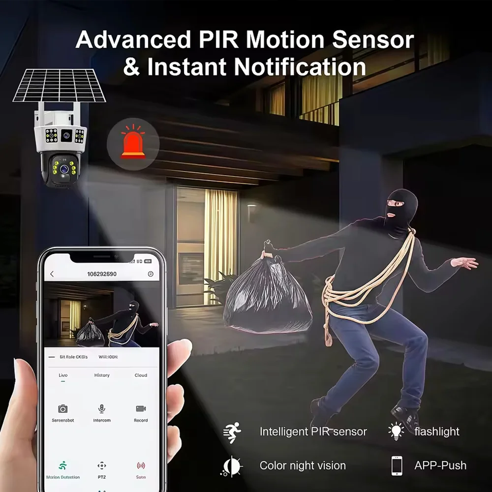 3-Screen Solar 4G Camera 12MP PTZ  Wireless Low-Powered CCTV Security Surveillance Colour Night Vsion Outdoor  V380 Pro Camera