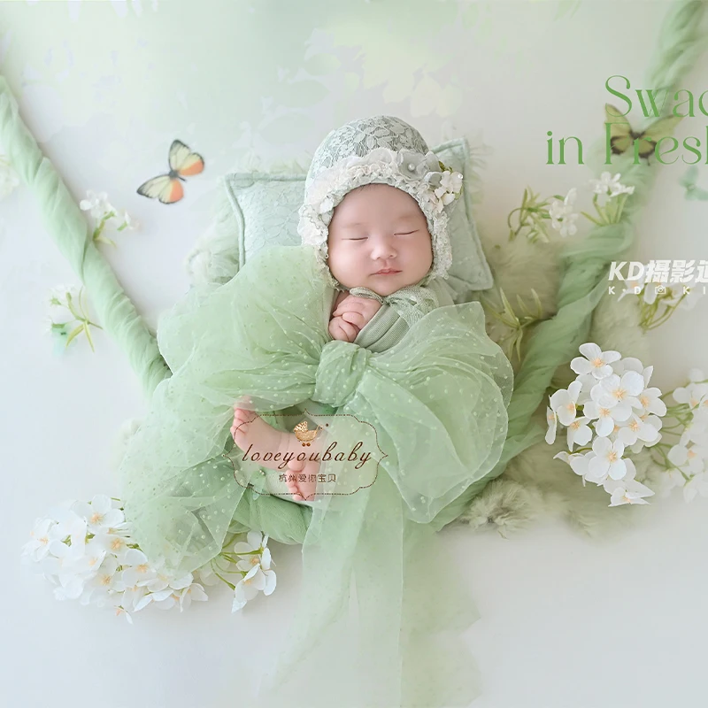 レースボンネット-ストレッチスワドルラップ-レース枕新生児写真撮影用衣装、造花、グリーンチュール背景写真小道具