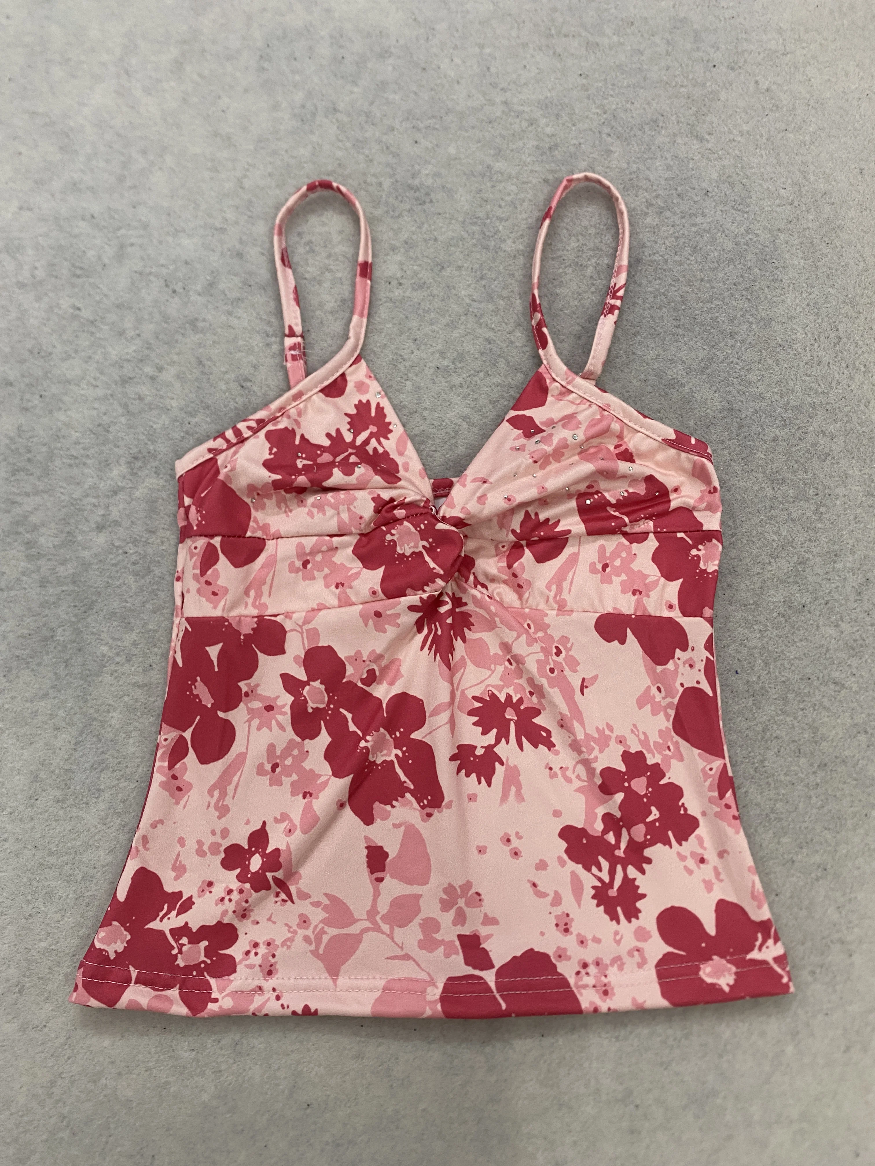 Pink Floral Print Twist Front V Neck Cami Top Rhinestone Slim Long Line Spaghetti Strap Tank