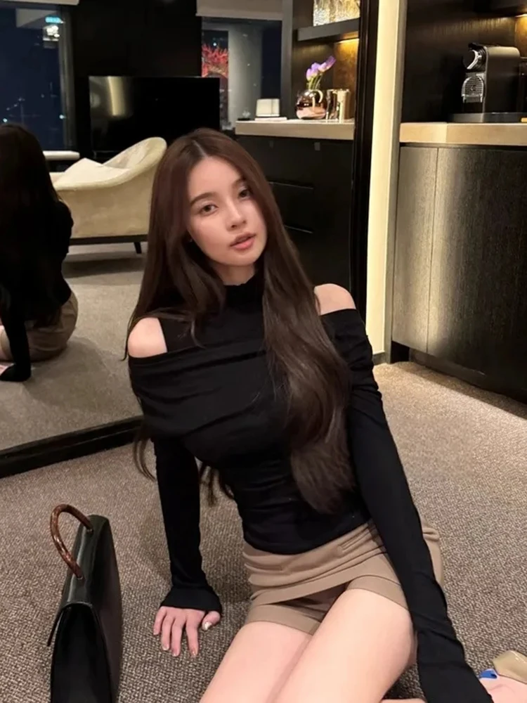 T-shirt manches longues col rond femme, Chic coréen, Patchwork, Sexy, épaules dénudées, bas, Y2K, mode épissage, faux t-shirts 2 pièces, automne