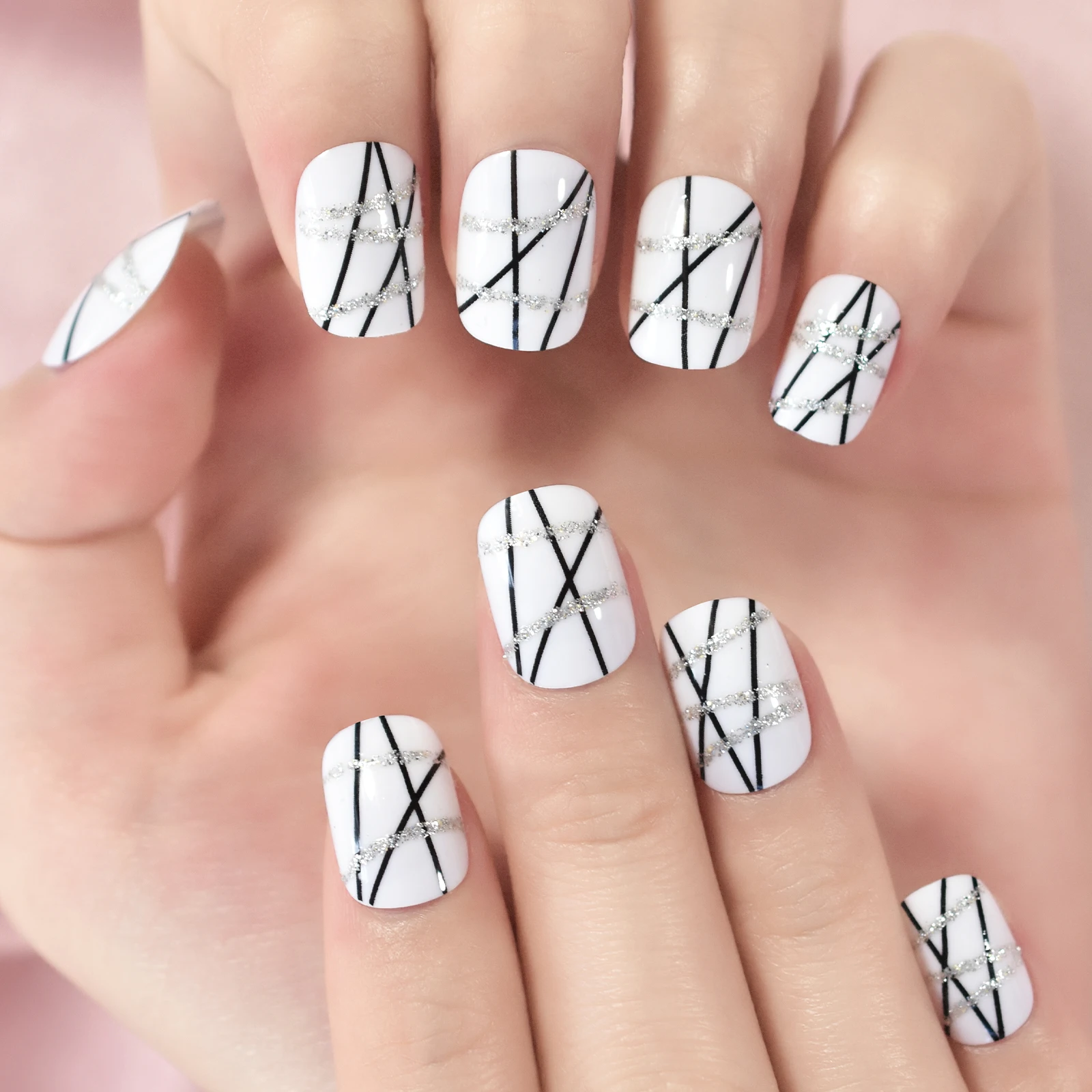 Imprensa curta redonda em unhas pré-design branco unhas falsas glitter salão de beleza manicure reutilizável dicas de unhas falsas para diy arte do prego