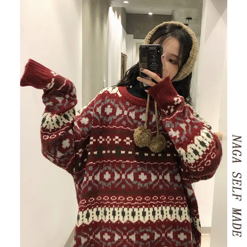 Women\'s Jumper 2023 Vintage Print Christmas Sweater O-Neck Pullover Sueters De Mujer Korean Fashion Loose Women\'s Clothing