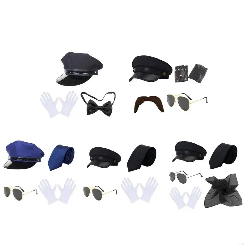 

634C Chauffeur Costume Accessories Set Novelty Black Chauffeur Hat Sunglasses for Adults Cosplay Party Night Theme Party