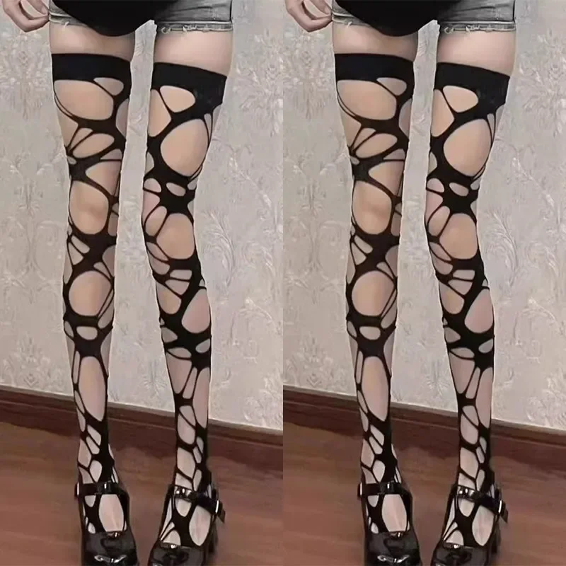 

Y2K Irregular Hollow Fishnet Stocking Women Girls Sexy Gothic Elastic Knee long Sock Punk Black White Stocking Fashion Accessory