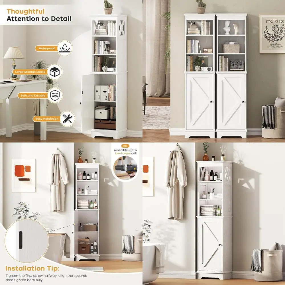 

60.9 Высокий угловой деревянный шкаф для хранения вещей с дверцами и регулируемыми полками, белый органайзер в стиле фермерского дома для кухни и прихожей