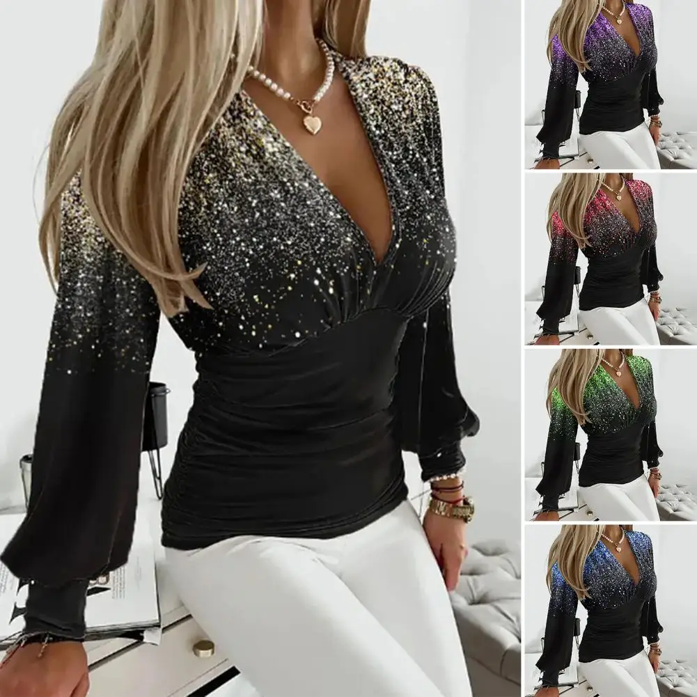 Sexy Deep V-neck Tops Gradient Color Rhinestones Blouse Pleated Waist Tight Shirt Long Sleeve Office Lady Slim Fit Tops 블라우스