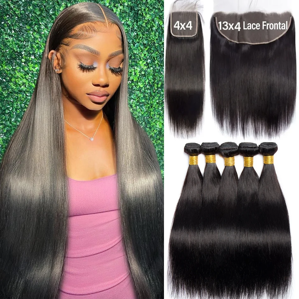 Bone Straight Human Hair Bundles With 13x4 Frontal Brazilian Weave 3 Bundles With Clossure 4X4 Tissage Bresiliens Avec Closure