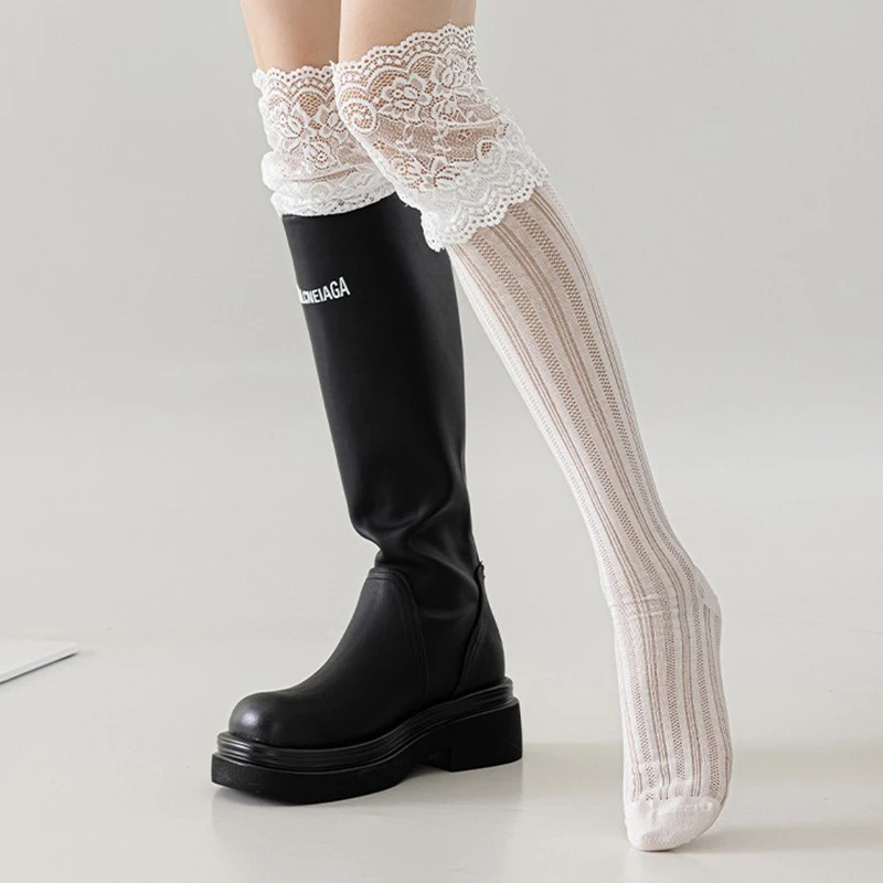 Słodkie wzburzone pończochy na łydki damskie w stylu japońskim koronkowe Lolita cienkie wygodne skarpetki na łydki w jednolitym kolorze