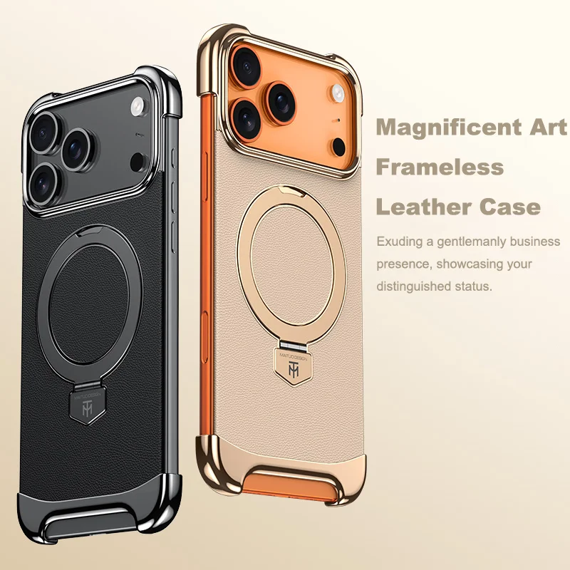 

Luxury Leather Ultra Thin Frameless Magnetic Case For iPhone 17 16 15 14 13 Pro Max 17Air 17Pro Metal Bracket Anti-Drop Bumper