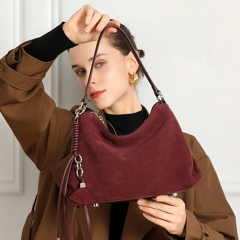 HIFASHION Trendy Suede Leather Hobo Underarm Bags For Women 2026 Winter Retro Crossbody Tassel Shopping Travel Daily Handbags