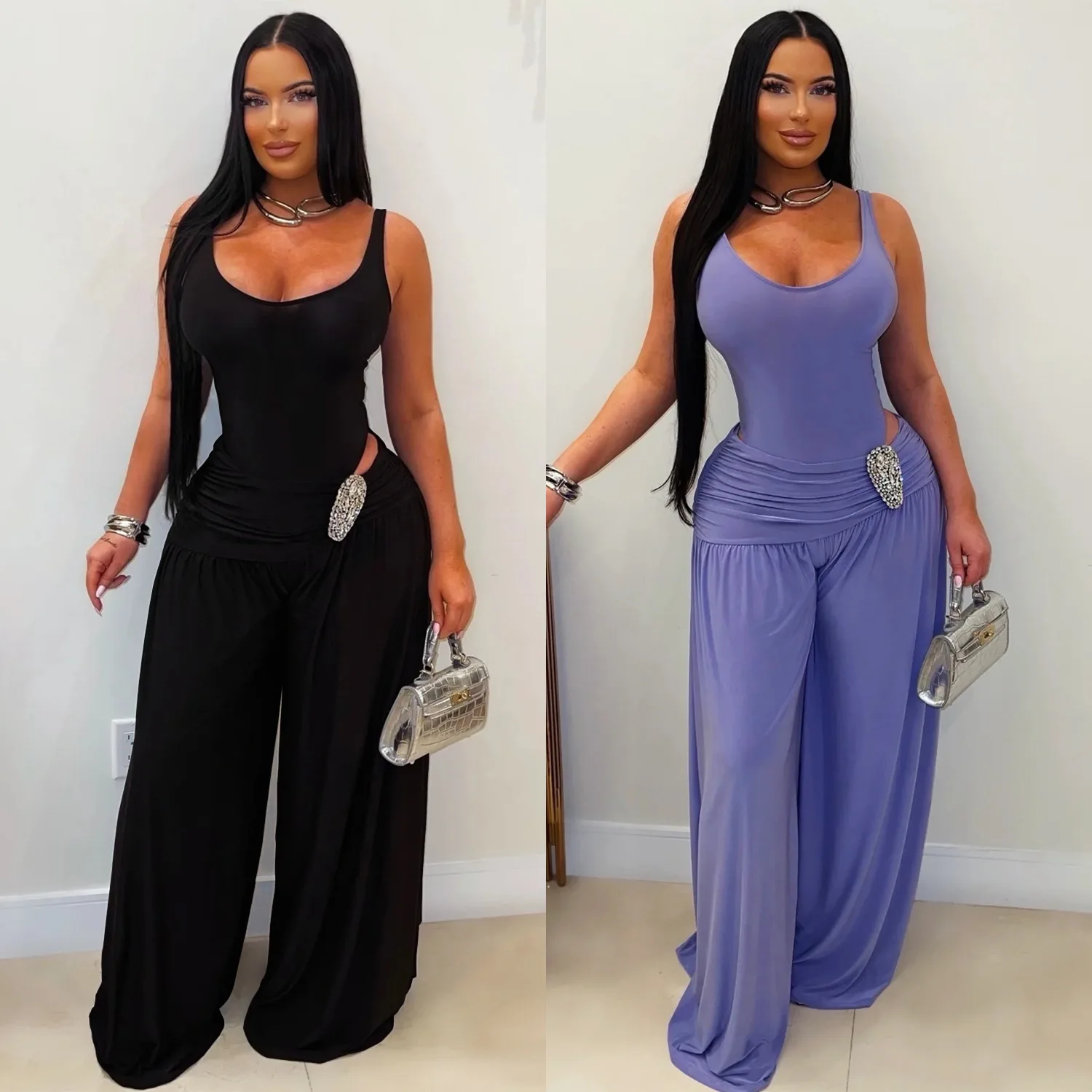C77792026 Solid Color Jumpsuits Women Streetwear U-Neck High Waist Slim Wide Leg Pants Sexy Spice Casual Jumpsuit Y2K
