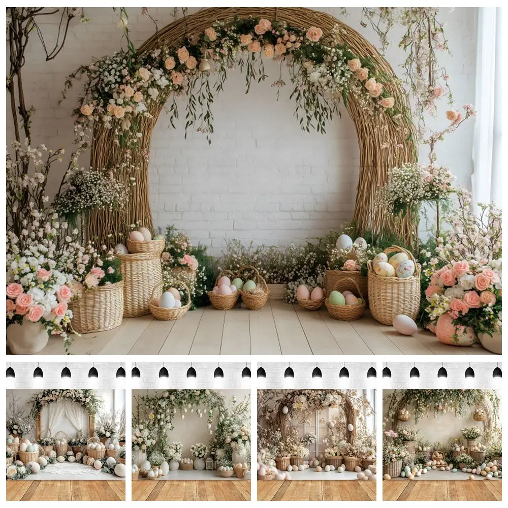 

Boho Style Easter Backdrop Flowers Arch Door Colorful Eggs Interior Baby Shower Kids Portrait Photography Background Photostudio