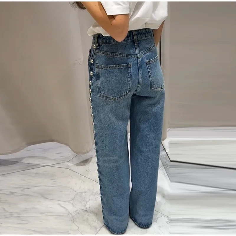 Sexy Hollow Out Jean Women White Flower Baggy Zipper Pocket Straight Long Pants Retro Female New Summer Elegant Lady Streetwears