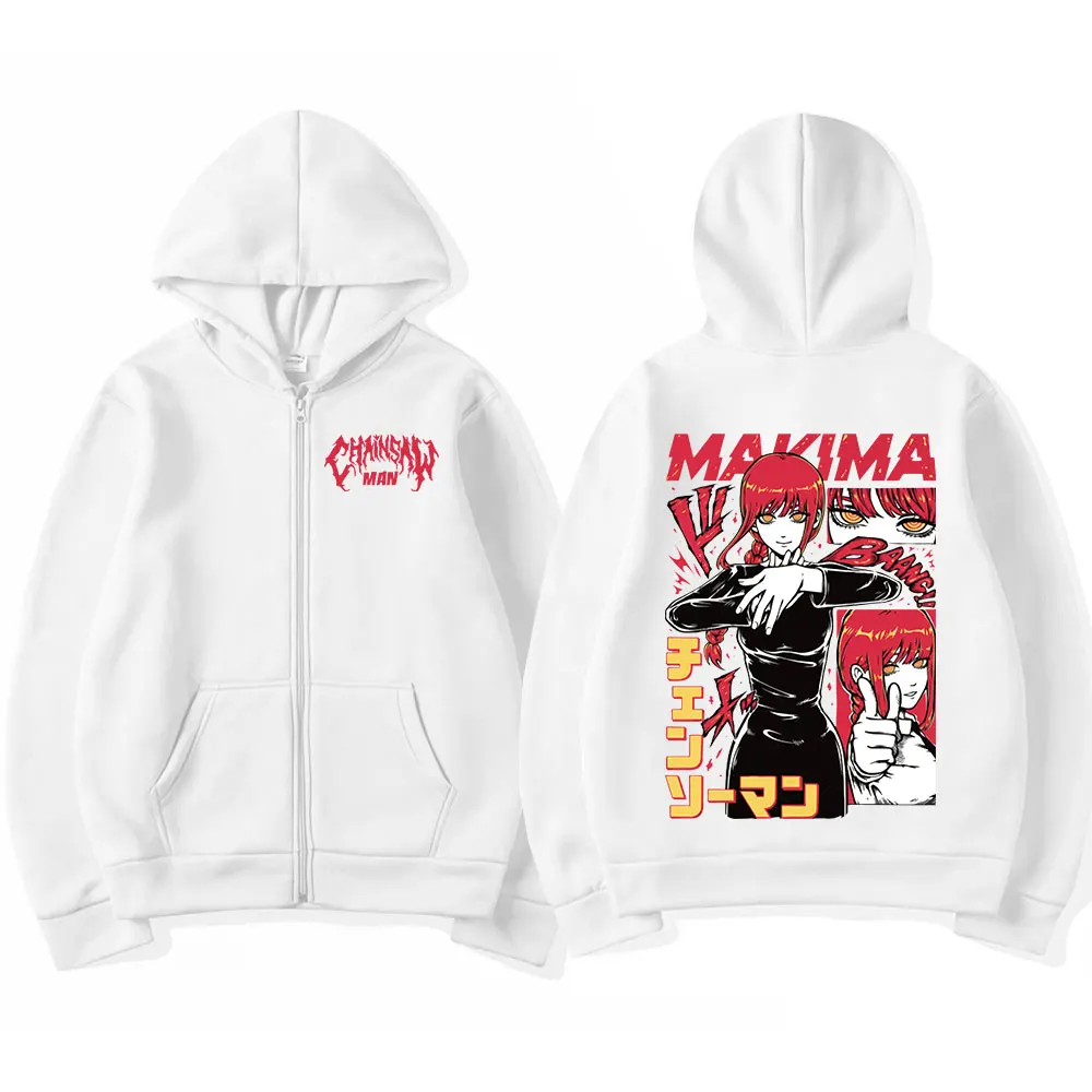 Japan Anime Chainsaw Printed Hooded Makima Funny Print Men Women Zip Up Hoodies Plus Size Sweatshirt Harajuku Warm Zipper Jacket