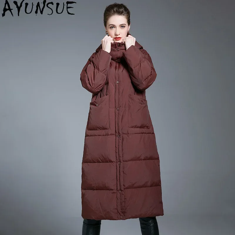 AYUNSUE White Duck Down Puffer Jacket Women Clothing Winter Long Coat Burgundy Down Coats Woman New in Outerwears 2024 Пуховики