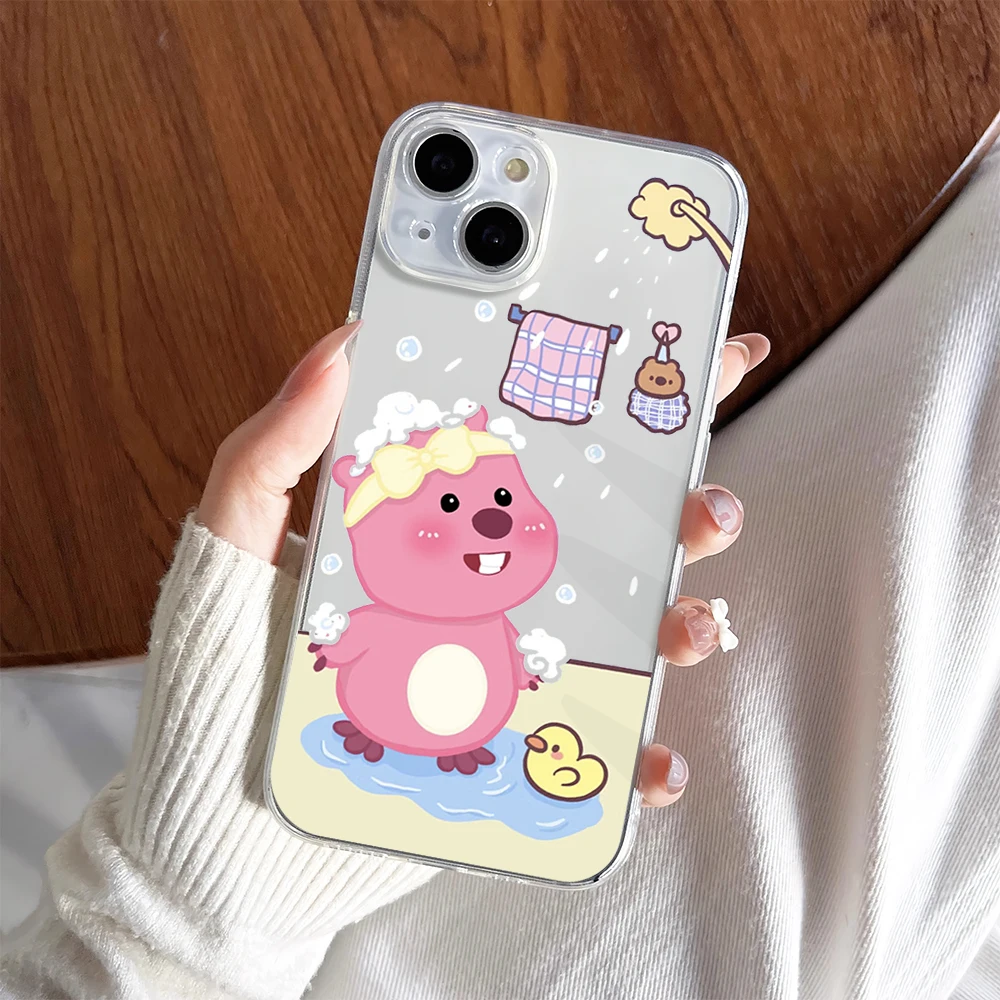 MINISO Pink L-Loopy Kawaii Bath Sleep Beaver Phone Case For iPhone 11 13 16 15 14 12 Pro Max Plus Clear Transparent Soft Shell