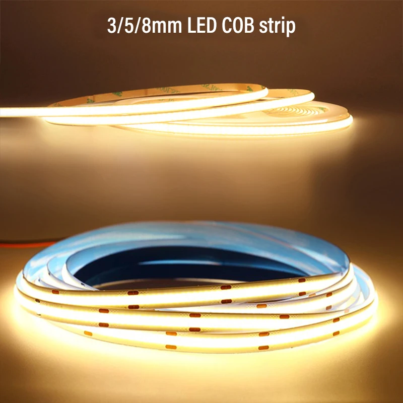 Tira de luces LED COB de 12V y 24V, cinta luminosa Flexible de 3mm, 5mm, 8mm y 10mm de ancho RA 90 de alto brillo, color azul hielo, blanco, rojo,