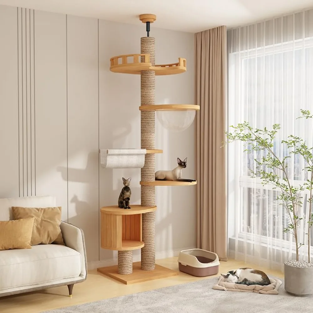 Indoor Cat Climbing Frame Height Adjustable Cats Tower Wooden Cattery Climb Pillar Kitten Scratching Posts Hammock Pet Furniture