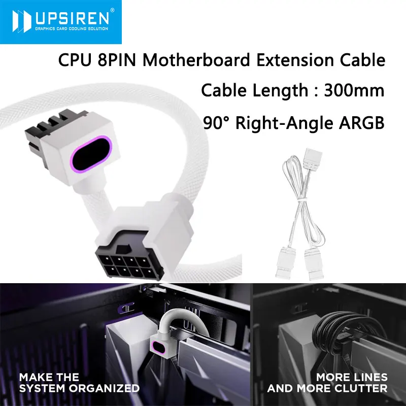 UPSIREN CPU 8Pin Motherboard Extension Cable,18AWG 90° Right-Angle Design, ARGB 5V 3Pin Male-to- Female Connectors Cable
