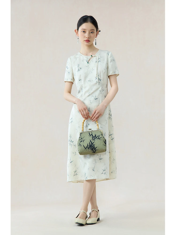 ZIQIAO New Chinese Style Bamboo Print Classic Dress For Female 2024 Summer New Design Slim Mid-Length Dress 24ZQ92137