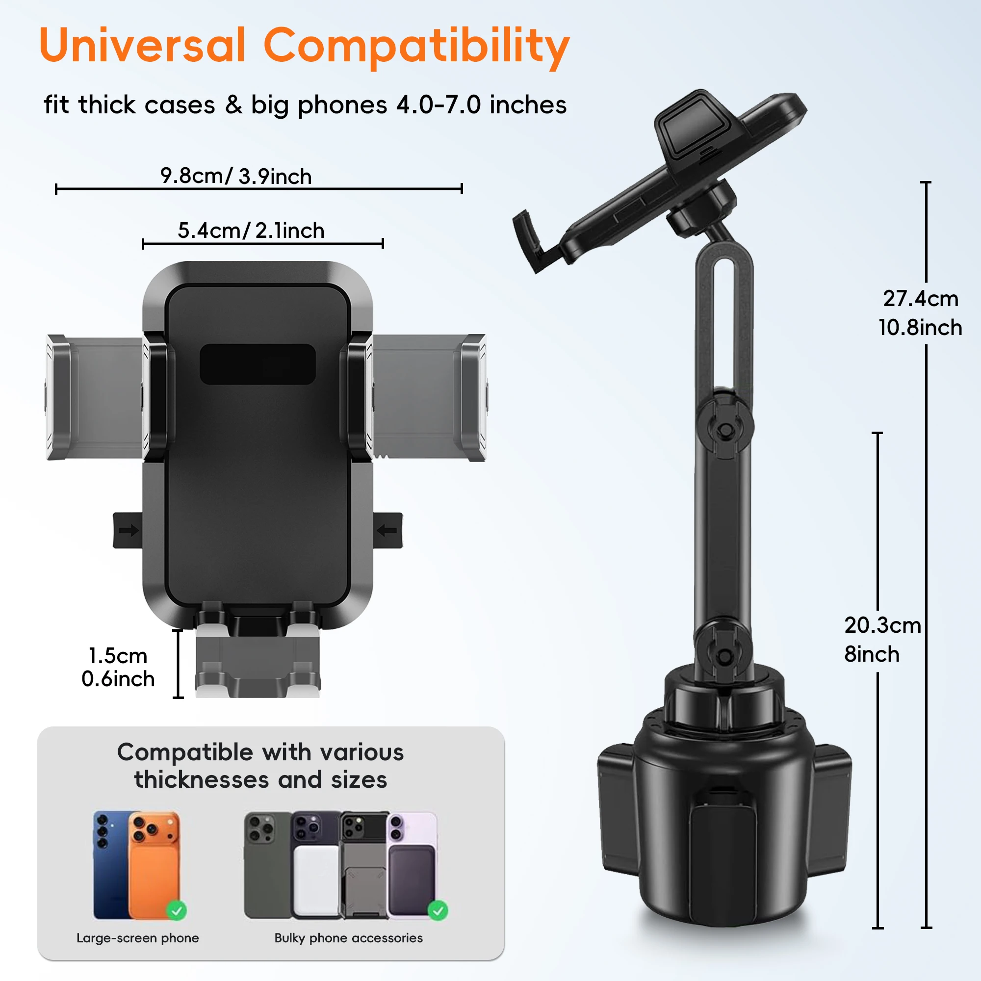 Cup Phone Holder for Car,Long and Adjustable Neck, 360° Rotation, One-Hand Operation，Non-Slip,  for iPhone,Galaxy and All phone