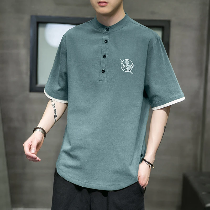 

Льняная футболка с коротким рукавом для мужчин, тонкая, дышащая, из хлопка и льна, в стиле тан, летний топ в стиле ханьфу