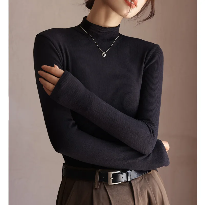 Ribbed Layering Korea Stylish Autumn Women's T-Shirts Warm Winter Layering Basic Full Sleeve Elegant Female Tops Blouse C5411