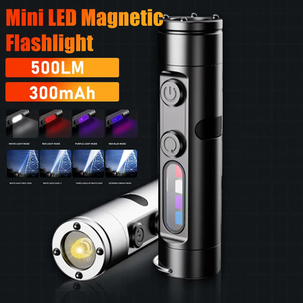 

Portable Mini Flashlight Emergency Torch Rechargeable Magnetic LED Tactical Flashlight with Hat Clip Super Brighten Camping Ligh