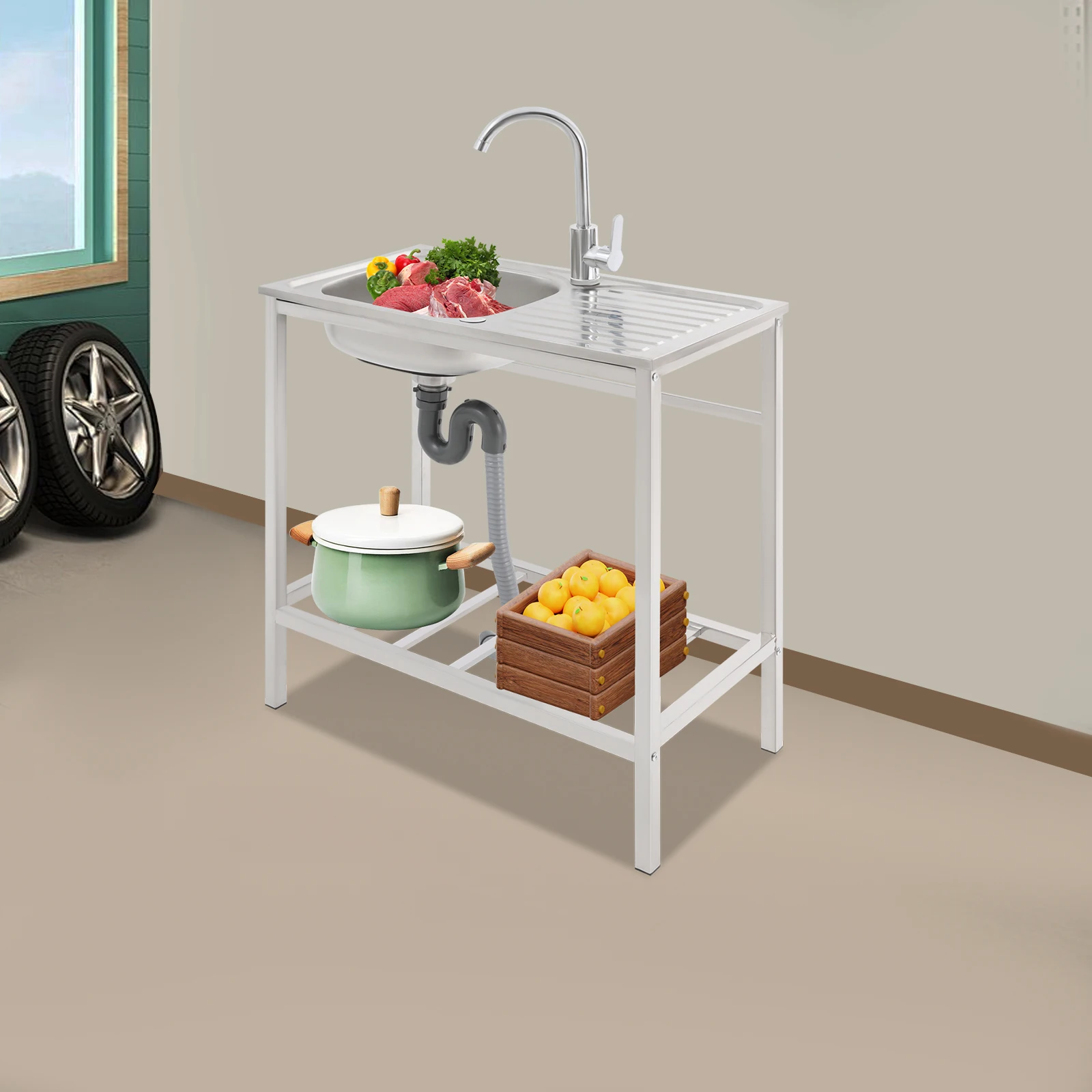 Large Single Basin Kitchen Sink, 29.5x29.5x15.7 Inch Freestanding Sink with Countertop & Lower Storage Shelf, Modern Rectangular