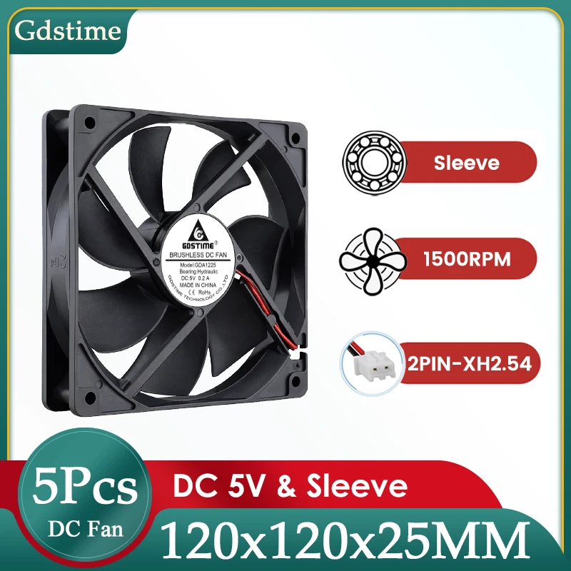 

5Pieces Lot Gdstime DC 5V Fan 12025 Heatsink Cooler 120x120x25mm Computer PC Case CPU Cooling Fan 120mm 12cm Brushless Axial Fan